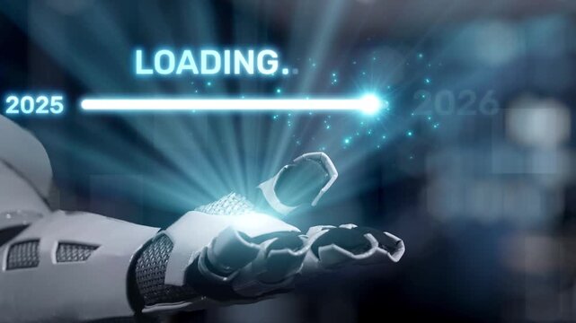 A robotic hand presents a loading bar indicating a timeline from 2025 to 2026, symbolizing progression and technological advancement in a digitally enhanced atmosphere. Salient