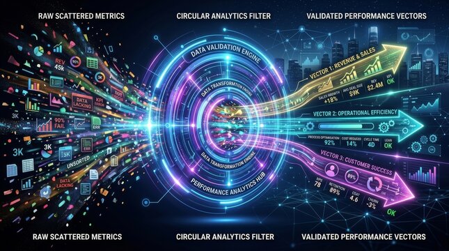 Futuristic data transformation converting raw metrics into validated performance vectors with filter