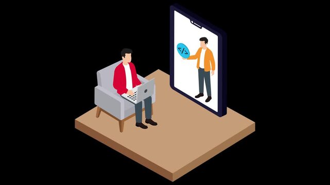Isometric Animation of Man Learning to Code Online via Smartphone