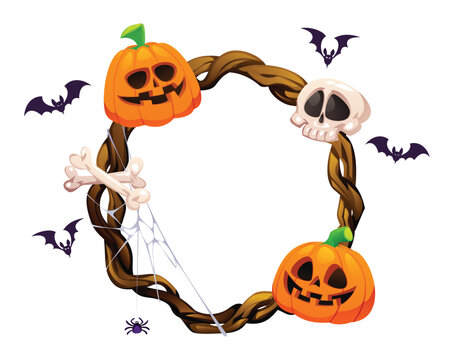 Spooky Halloween round frame with jack o lantern pumpkin, skull, bones, bats, and cobweb. Vector cartoon illustration