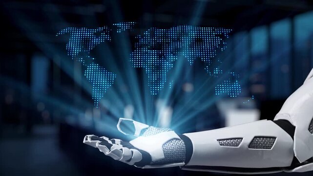 A futuristic robotic arm presents a digital world map enhanced with data points and abstract building icons, symbolizing the convergence of finance and technology. Synapse