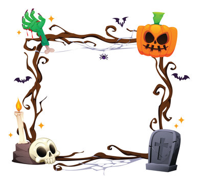 Spooky Halloween square branch border frame with pumpkin, zombie hand, skull, tombstone, and candle. Vector cartoon illustration