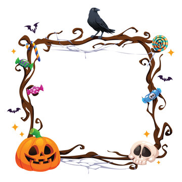 Halloween square branch border frame with crow, jack o lantern pumpkin, skull, candies, and bats. Vector cartoon illustration