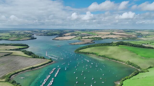 Salcombe and Mill Bay over Kingsbridge Estuary from a drone, Batson Creek, Southpool Creek, Devon, England, United Kingdom