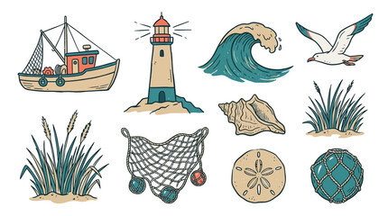 Fototapeta premium Coastal Village Hand Drawn Vector Set Nautical Elements