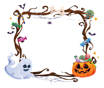 Spooky Halloween square branch border frame with friendly ghost, candy pumpkin bucket, and sweets. Vector cartoon illustration