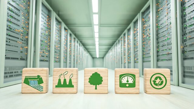 Low Angle Data Center Corridor with Renewable Energy Sustainability Wooden Block Icons, Green IT Carbon Neutral Concept