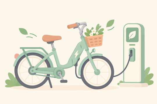 Electric bicycle charging at green eco station with sustainable energy concept vector illustration