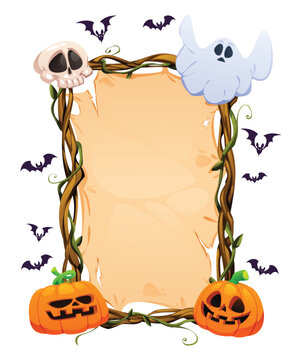 Spooky Halloween parchment frame with skull, ghost, carved pumpkins, and flying bats. Vector cartoon illustration