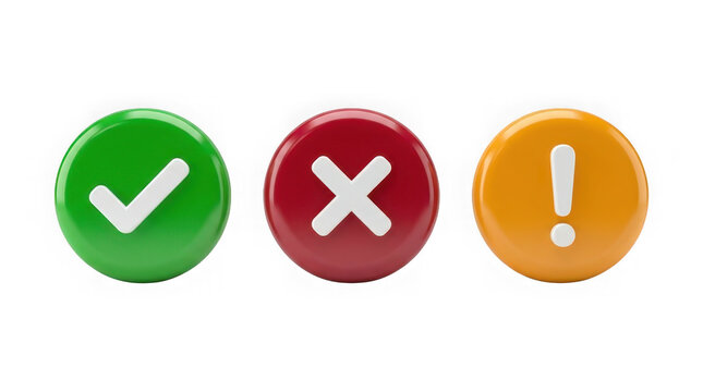 Three glossy round buttons with check mark cross and exclamation mark symbols isolated on white