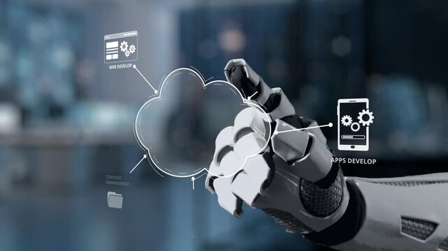 A futuristic robotic hand interacts with a digital cloud interface, showcasing elements of web development, analytics, and design in a modern office setting. Salient
