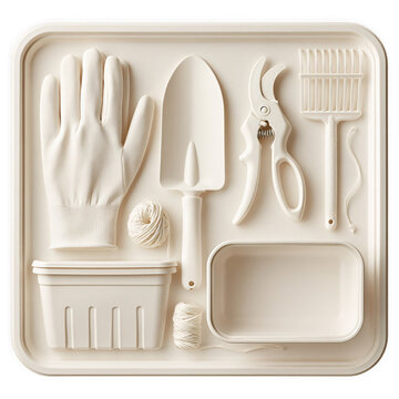 Gardening tools and pots are presented in a minimalist monochromatic cream-colored flat lay arrangement within a square tray.