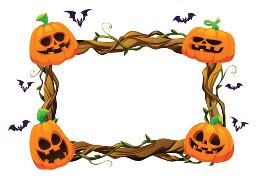 Spooky Halloween horizontal frame border with jack o lantern pumpkins and bats. Vector cartoon illustration