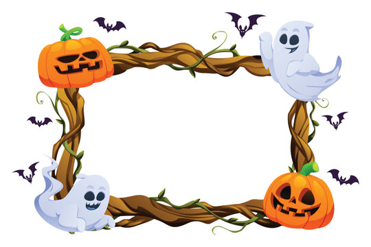 Spooky Halloween horizontal frame with jack o lantern pumpkins, ghosts, and bats. Vector cartoon illustration