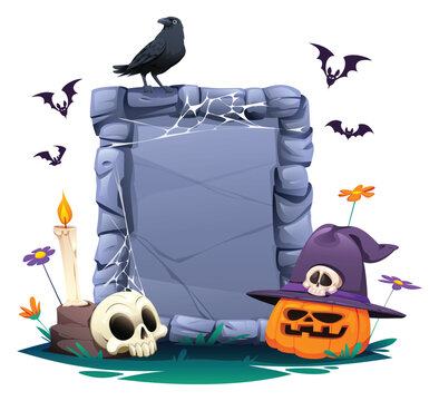 Halloween stone frame border with raven, skull, witch hat, pumpkin, and bats. Vector cartoon illustration