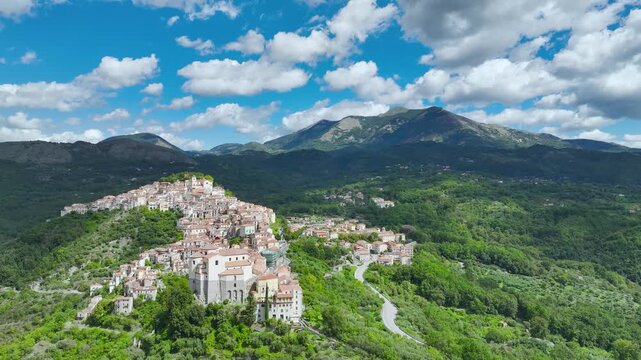 Old Village in mountain, Rivello from a drone, Potenza, Basilicata, Italy