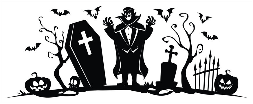 Vampire silhouette near coffin in graveyard with tombstones, bats, pumpkins, fence. Vector cartoon illustration