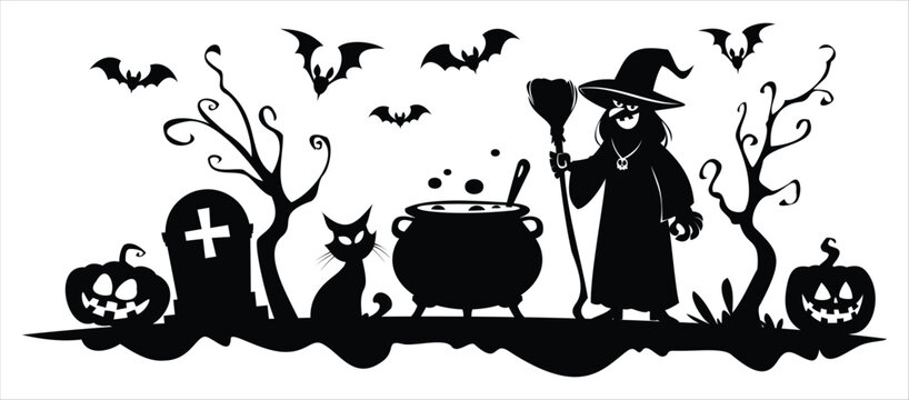 Wicked witch silhouette stirring magic cauldron with black cat, grave cross, bats, pumpkins. Vector cartoon illustration