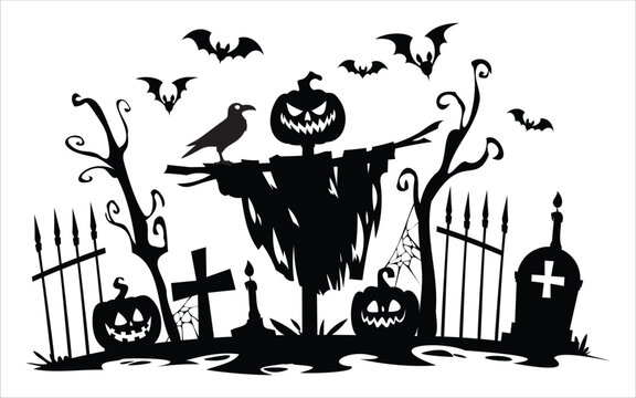Jack o lantern scarecrow silhouette with crow on arm, cemetery tombstones, bats, spiderweb. Vector cartoon illustration