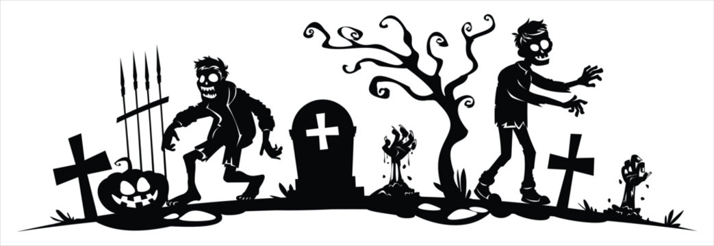 Scary zombies silhouette walking in cemetery with grave tombstones, pumpkin, tree. Vector cartoon illustration