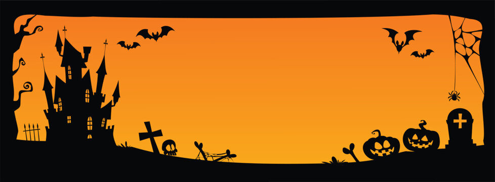 Haunted house silhouette on orange background with pumpkins, bats, spider, tombstone. Vector cartoon illustration
