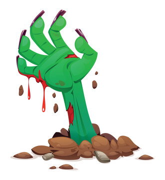Green zombie hand rising from the ground with blood dripping down the arm isolated. Vector cartoon illustration