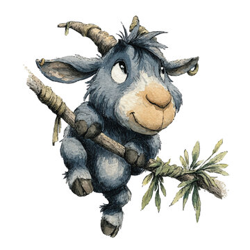 Cute Goat Hanging from Tree Branch.