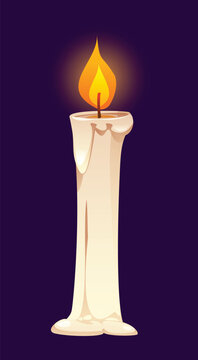 Burning wax candle with melting drips and glowing flame against dark background. Vector cartoon illustration