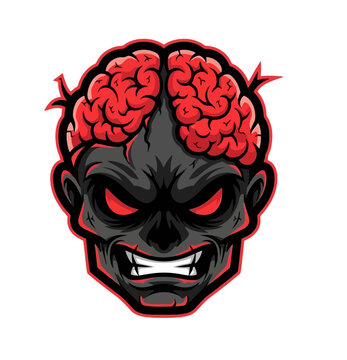 A menacing zombie head with exposed red brains and glowing red eyes, snarling with sharp teeth.