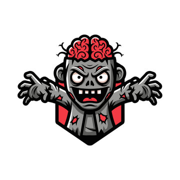 A cartoon zombie mascot with exposed brains and outstretched arms, depicted in a menacing style.
