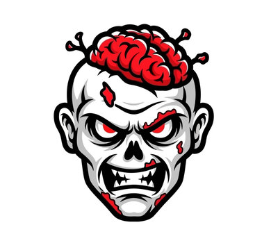 A menacing cartoon zombie head with an exposed red brain, glowing eyes, and sharp teeth.
