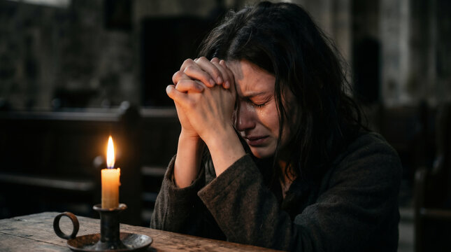 The early church gathered in secret, praying fervently by candlelight while Peter is locked in King Herod's prison
