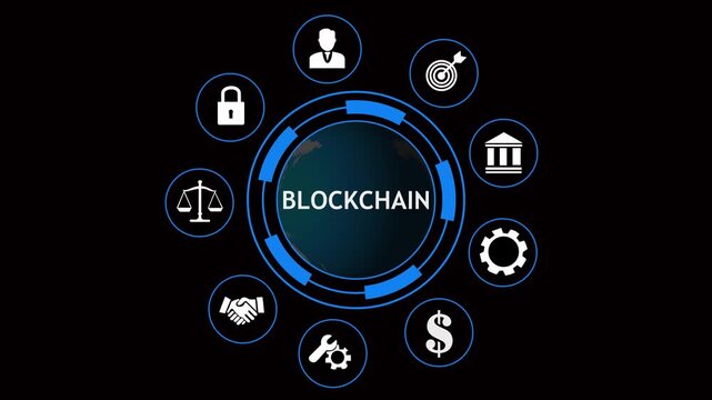 BLOCKCHAIN Digital Technology Concept with Futuristic HUD Interface, Decentralized Network, Secure Data, Cryptocurrency and Advanced Computing.4k animation video,4k