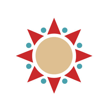 Stylized sun symbol with red triangles and blue dots