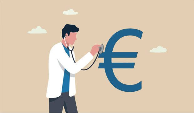 Euro currency health check vector illustration with doctor examining financial sign with stethoscope