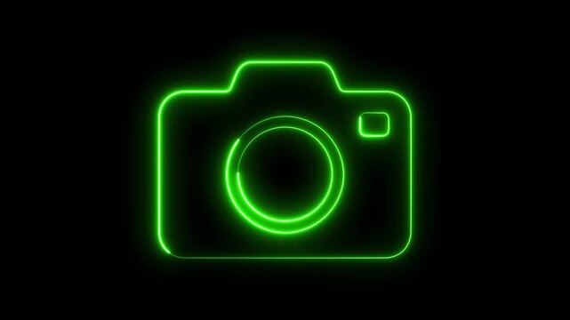 Glowing neon camera animation, digital concept, green light outline symbol on black background