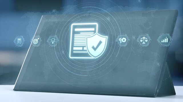 A modern tablet displays a digital shield icon representing security and compliance in data management, emphasizing innovation and privacy in a futuristic environment. Salient