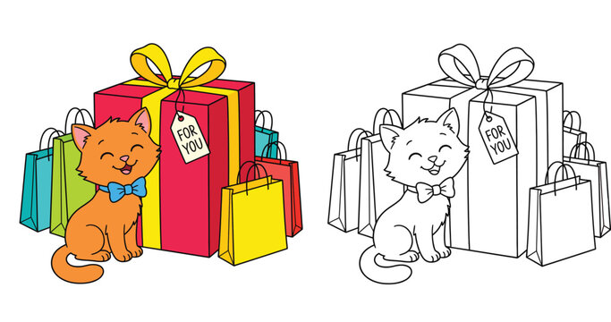 Cute Kitten with Large Gift Box and Shopping Bags with Coloring Book Version