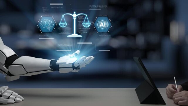 A robotic arm reaches out to a human hand, symbolizing a collaborative future in legal decisions. The image captures the blend of technology and justice, emphasizing innovation in law. Salient
