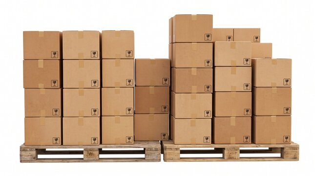 Assorted cardboard boxes stacked unevenly on industrial wooden pallets in warehouse