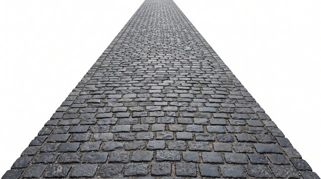 Straight cobblestone path stretching into the distance on white background isolated view