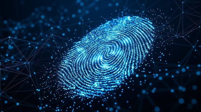 Glowing blue digital fingerprint formed from particles and connected lines on dark background