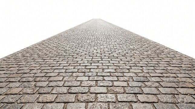 Cobblestone street stretching forward into distance isolated on white background texture