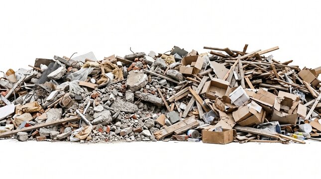 Construction debris and waste pile isolated on white background demolition rubble