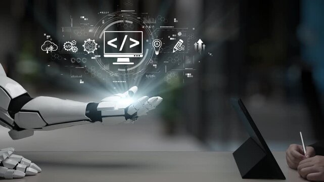 A futuristic scene showcasing the interaction between a robot and a human in a modern workspace, highlighting themes of technology, programming, and collaboration in the digital age. Salient