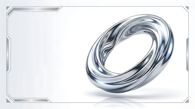 Futuristic 3d metallic chrome torus ring isolated on white background. Abstract technology object, loop, frame, chrome