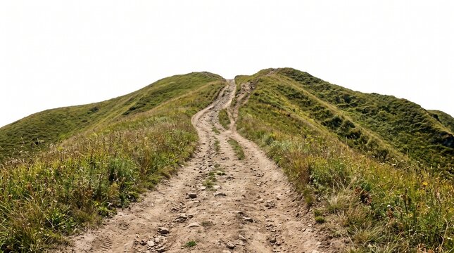 Steep dirt path leading uphill over a grassy green hill isolated on white background