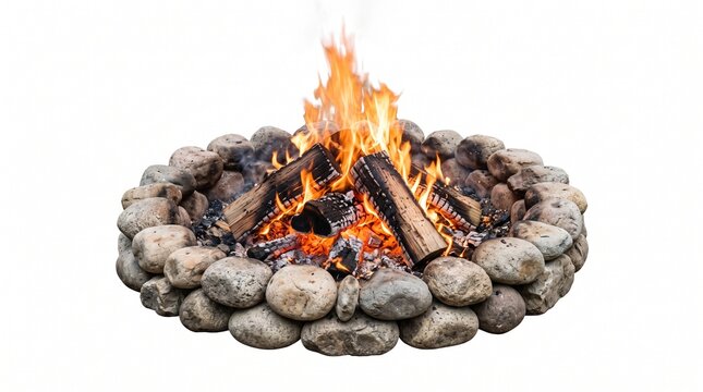 Cozy stone fire pit with burning wooden logs and bright flames isolated on a pure white background