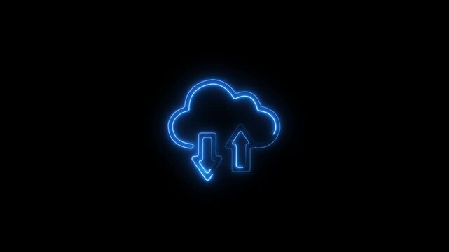 Purple neon cloud upload and download arrows icon, Cloud space and technology, data backup, file repository, upload database icon isolated 4k