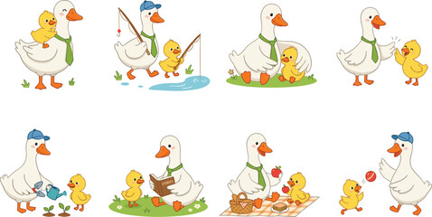 Fototapeta premium Cute Father Duck and Little Duckling Character Collection for Fathers Day Greeting Cards Nursery Decor Kids Books and Sticker Designs